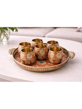 Vintage 1980s Indian Handmade Brass Meenakari Enamel Drink Set Tray & 6 Cups